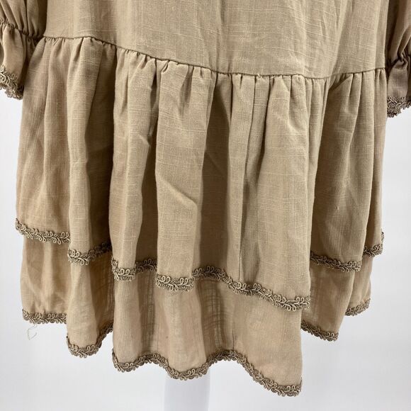 Menti Neutral Linen Blend Wrap Dress sz S Made in Greece Balloon Sleeves Ruffles - Picture 6 of 14